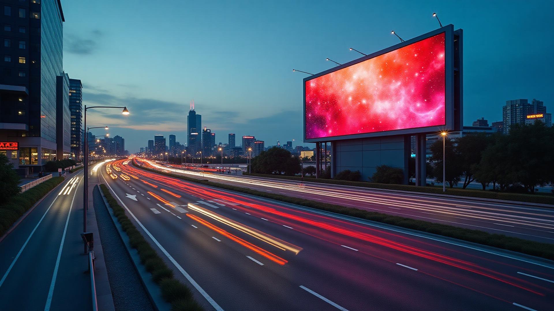Panneaux publicitaires LED géants sur autoroute urbaine au crépuscule