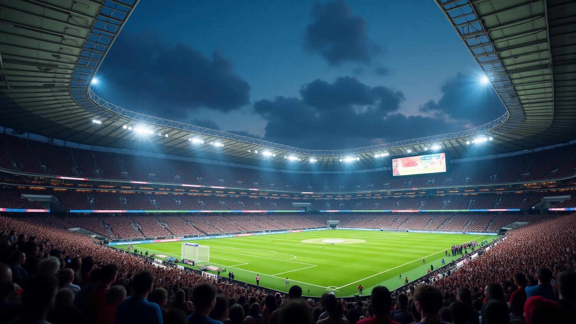Stade sportif moderne avec écrans LED géants et périmètre publicitaire