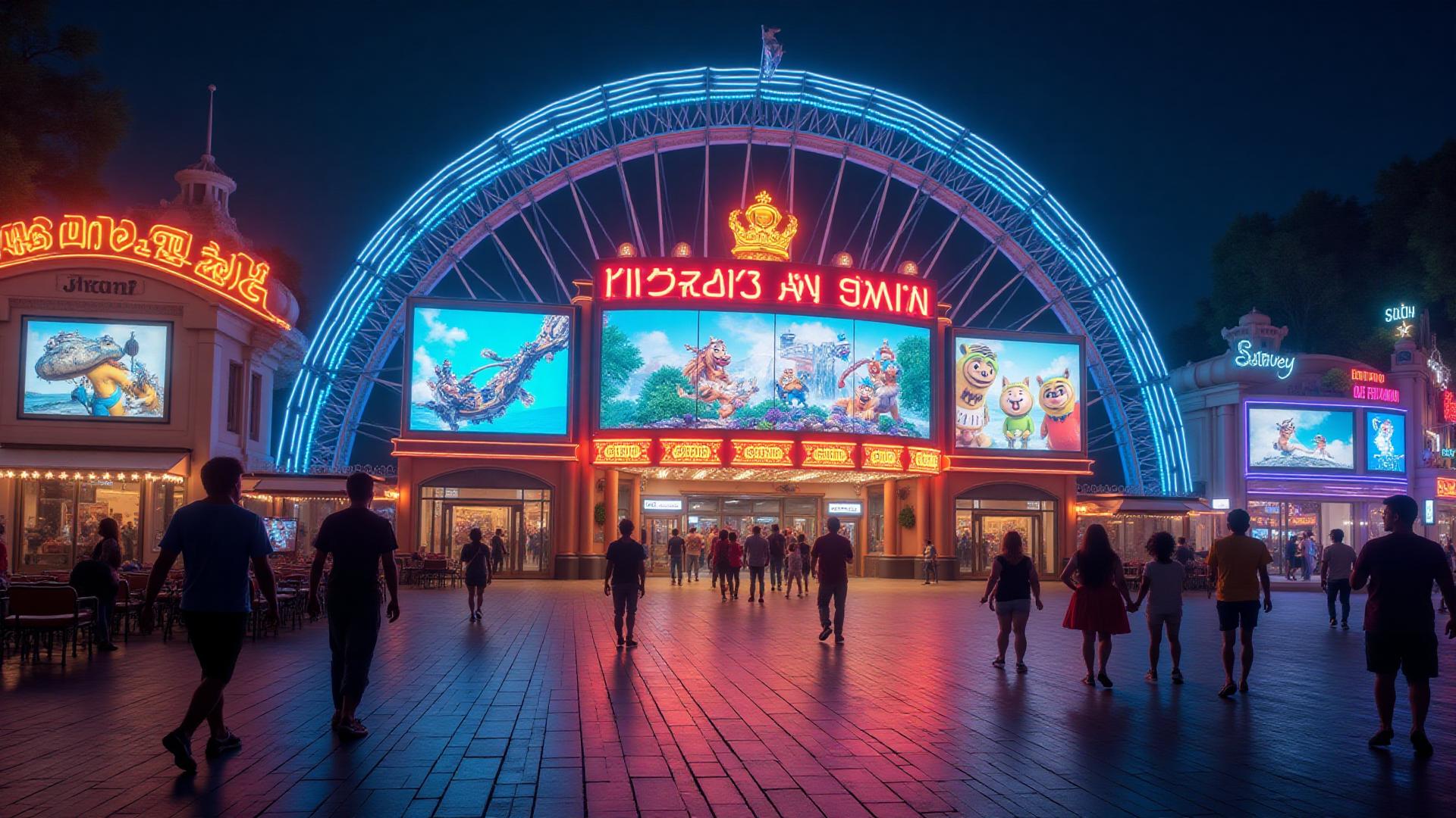 Entrée de parc d'attractions avec écrans LED spectaculaires